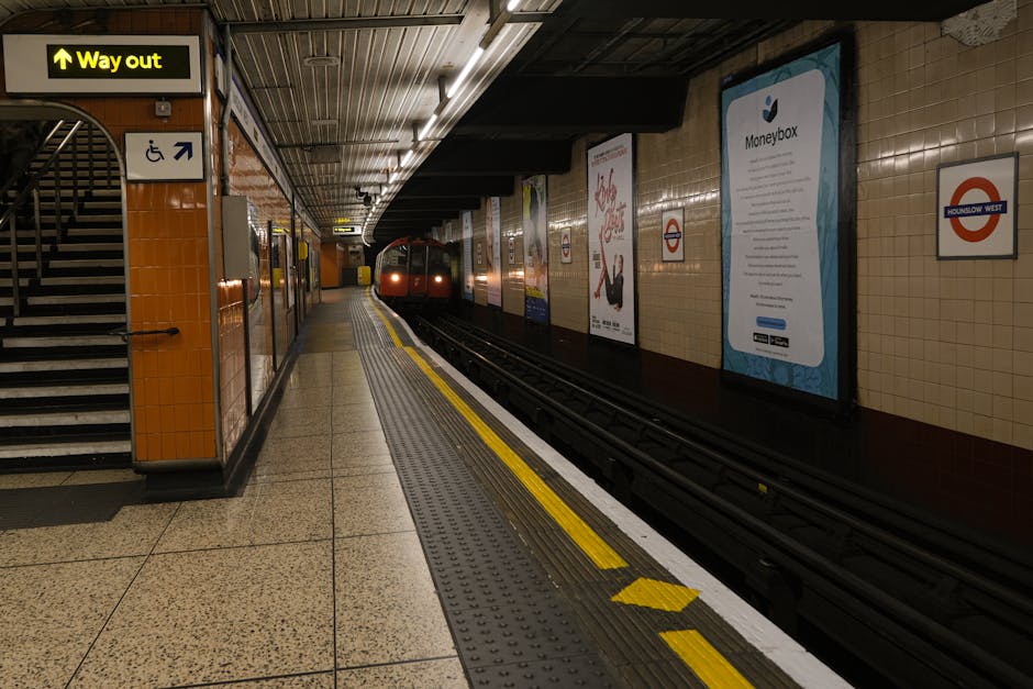 Inside a London underground station platform, with beige tiled walls and a curved ceiling with metal panels. On the left side, there is a staircase with black handrails leading upward, and a yellow sign above indicating the exit with the text 'Way out'. Near the staircase, a blue and white sign indicates accessibility features with a wheelchair symbol. The platform floor is made of speckled beige tiles, with tactile paving along the edge for safety. On the right side, advertisements are displayed on the wall, including one for 'Moneybox'. A red train is approaching or arriving at the platform, positioned along the dark railway tracks that run parallel to the edge of the platform. The environment appears well-lit with artificial lighting. This setting is relevant for house removals or furniture transport, illustrating the loading or unloading process during a home relocation via train, with Man with Van Finsbury potentially utilizing such routes for efficient moves.
