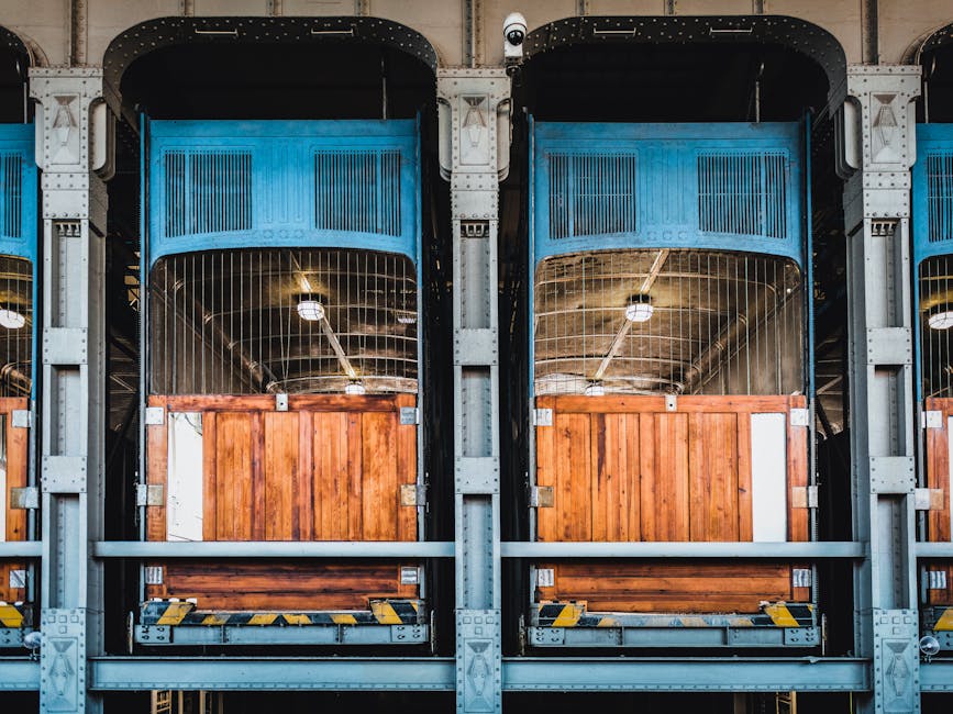 Interior view of a multi-story warehouse with two visible lifts, each with a blue metal exterior and grated entrance doors, used for moving furniture and household items. Wooden crates with metal reinforcements are positioned inside the lifts, likely used for storing or loading household goods during a home relocation. The lifts are embedded within a metallic framework with riveted joints, supporting the structure and facilitating vertical transport of packed items. Overhead lighting illuminates the lifts and the surrounding area, highlighting the industrial environment. The setting suggests an ongoing furniture transport or packing process as part of house removals, with some items possibly awaiting transfer into a van. This image, associated with services like those offered by Man with Van Finsbury, illustrates the logistical aspects of moving goods in a residential relocation within a building that lacks an elevator, emphasizing the importance of proper equipment and planning during bulky item transport between floors.